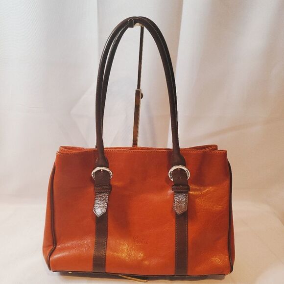 CRISTINA Italian Leather Orange and Brown Leather Shoulder Bag - Picture 1 of 9